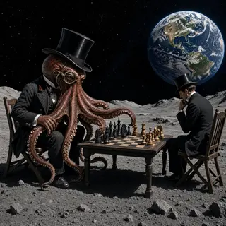 An octopus wearing a top hat and monocle playing chess on th