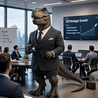 A dinosaur in a business suit giving a PowerPoint presentati