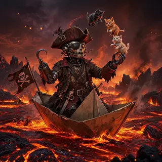 A robot dressed as a pirate sailing a paper boat on a lake o