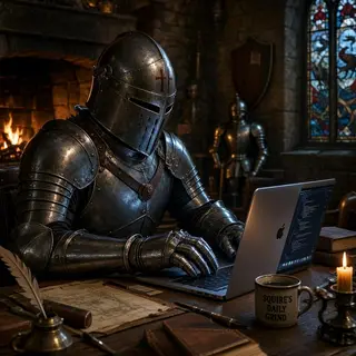 A medieval knight in full armor sitting at a desk typing on 