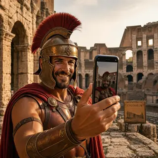 A Roman gladiator taking a selfie with a smartphone in the C