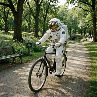 An astronaut in a spacesuit riding a bicycle through a park