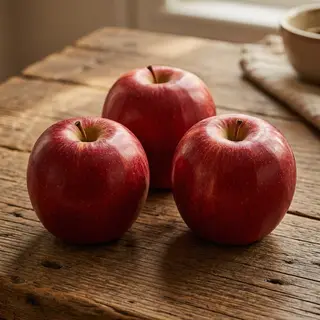 Exactly 3 red apples arranged on a wooden table