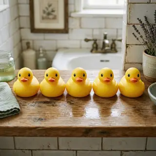 Exactly 5 yellow rubber ducks sitting in a row on a bathroom
