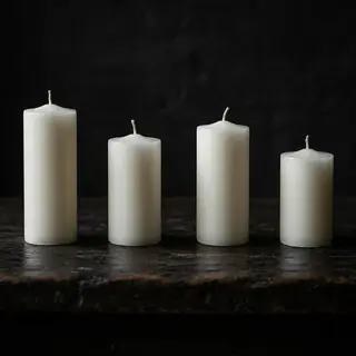 Exactly 4 white candles standing on a dark surface