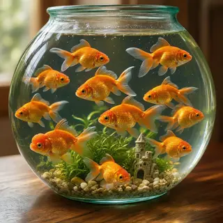 Exactly 9 goldfish swimming in a large round fishbowl