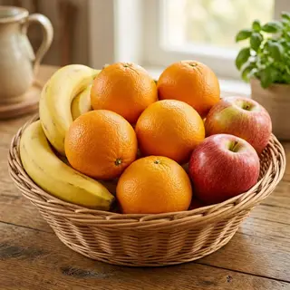 A fruit bowl containing exactly 3 bananas, 4 oranges, and 2 
