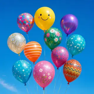 Exactly 11 colorful balloons floating against a clear blue s