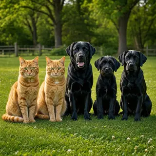 2 orange cats and 3 black dogs sitting together on a grassy 