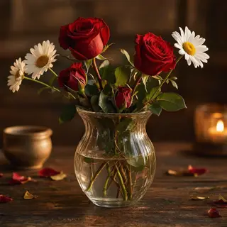 4 red roses and 2 white daisies in a glass vase on a table