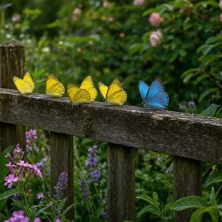 1 blue butterfly and 3 yellow butterflies resting on a garde