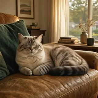 A cat lying on a couch without a collar