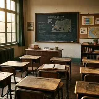 A classroom with desks and a chalkboard but no students