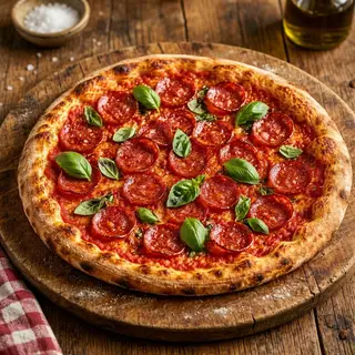 A pepperoni pizza with tomato sauce, basil, and crust but ab