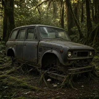 A car body with windows, doors, and headlights but no wheels