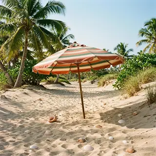 A sandy beach with palm trees, seashells, and a beach umbrel