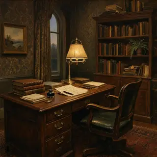 An office workspace with a desk, chair, bookshelf, and lamp 