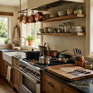 A kitchen with pots, pans, a stove, and a cutting board but 