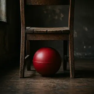 A red ball underneath a wooden chair
