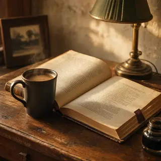 A coffee mug next to an open book on a desk