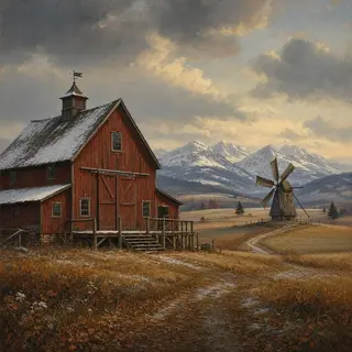 A landscape with a red barn in the foreground at large scale