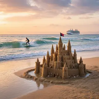 A beach scene with a sandcastle in the foreground, a surfer 