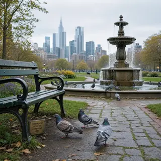 A city park with a park bench and pigeons in the foreground,