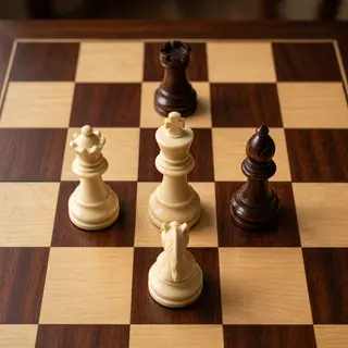 Five chess pieces on a board: a king in the center, a queen 