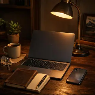 A desk scene: laptop in the center, coffee mug to the left, 