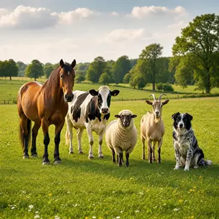 Five animals in a field: a horse on the far left, a cow to t
