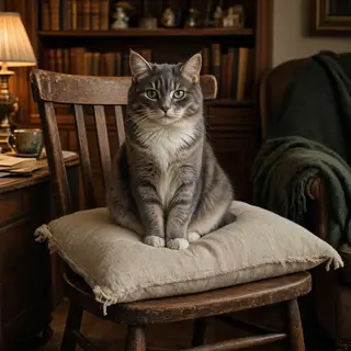 A cat sitting on a pillow, the pillow placed on a wooden cha