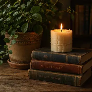 A candle on top of a stack of books, the books next to a pot