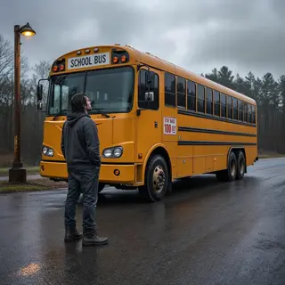 A person standing next to a yellow school bus, showing reali