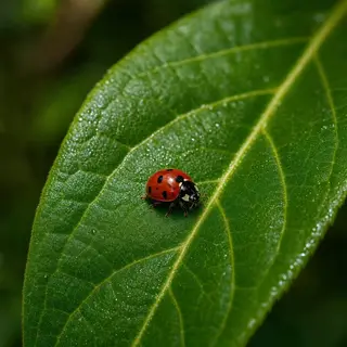 A ladybug sitting on a large green leaf, shown at realistic 