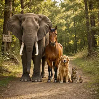A group photo of an elephant, a horse, a dog, a cat, and a m
