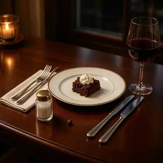 A dinner table scene with a plate, fork, knife, wine glass, 