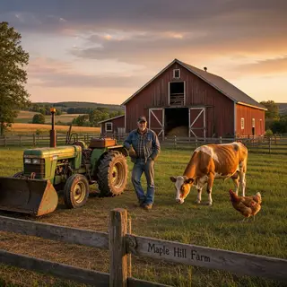 A farm scene with a barn, tractor, farmer, cow, chicken, and
