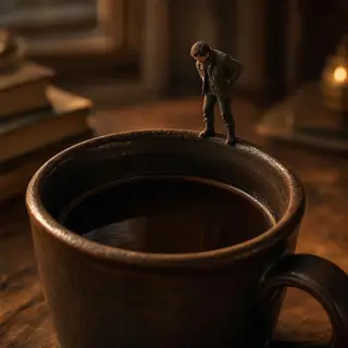 A tiny person standing on the rim of a coffee cup, looking d