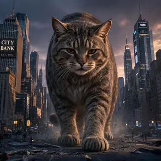 A giant tabby cat walking between city skyscrapers like a ka