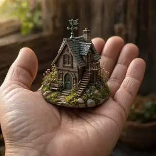 A miniature house sitting on the palm of someone's hand