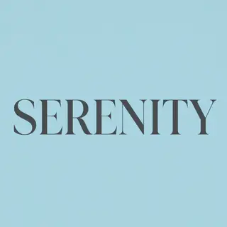 The word 'SERENITY' written large and centered on a solid li