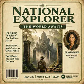A magazine cover titled 'NATIONAL EXPLORER' with cover lines
