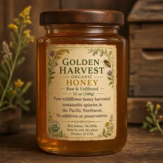A product label for 'GOLDEN HARVEST ORGANIC HONEY' with subt