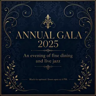 An event banner with headline 'ANNUAL GALA 2025' at the top 