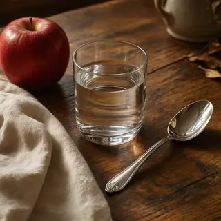 A still life on a wooden table featuring a clear glass of wa
