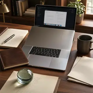 A workspace desk with a brushed aluminum laptop, a leather-b