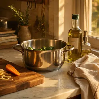 A kitchen counter with a stainless steel pot, a wooden cutti