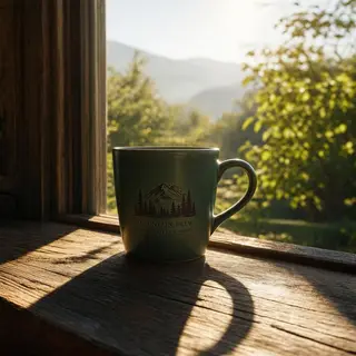 A coffee mug on a sunny windowsill casting a sharp shadow to