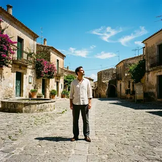A person standing outdoors at midday with a short shadow dir