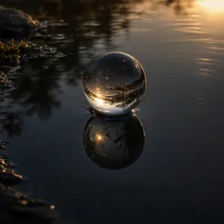 A clear glass sphere sitting on a mirror surface near a pool